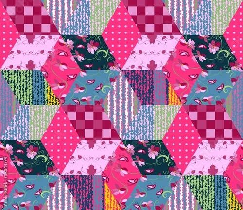 Seamless patchwork pattern. Bright quilt with colorful rhombus patches. Vector illustration.