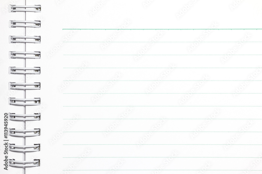 Notebook paper closeup. Blank paper spiral notebook page. Notebook empty page. Notebook with Line Paper. Notebook background white copy space for text or image. Notebook paper closeup. Blank paper spiral notebook page. Notebook empty page. Notebook with Line Paper. Notebook background white copy space for text or image.