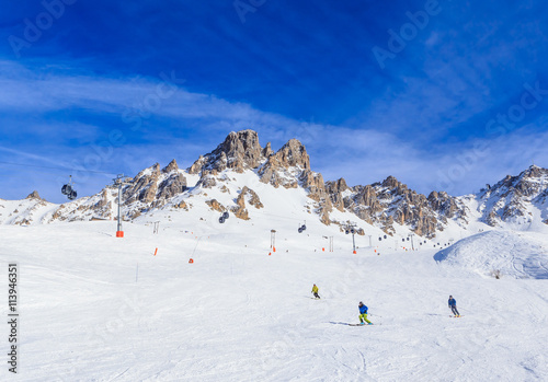 Skiers on the slopes of the ski resort of Meribel, France