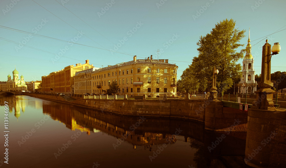 Historical city center Petersburg, reflection in water of Griboedov channel