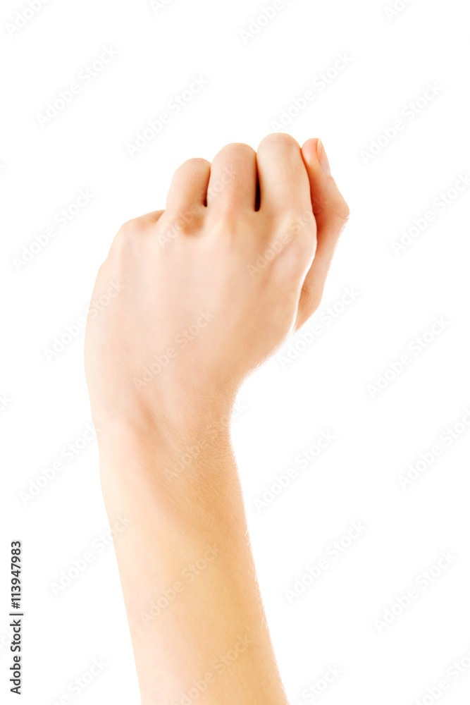 Woman's hand clenched into a fist, background white. Woman's hand clenched into a fist, background white.