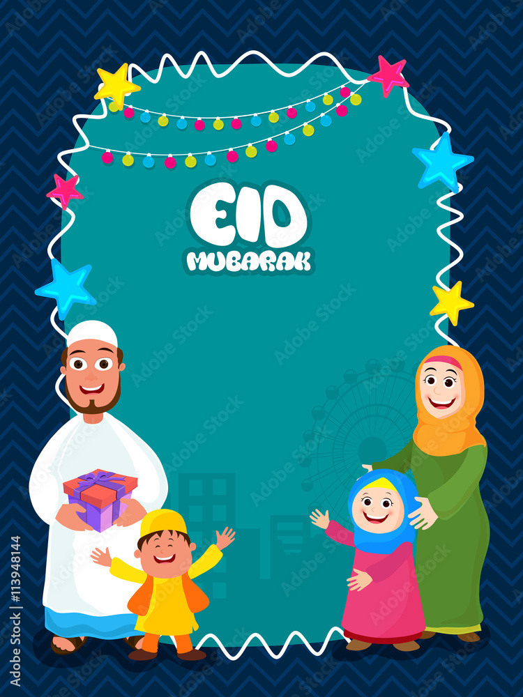 Naklejka premium Greeting Card with Muslim Family for Eid Celebration.