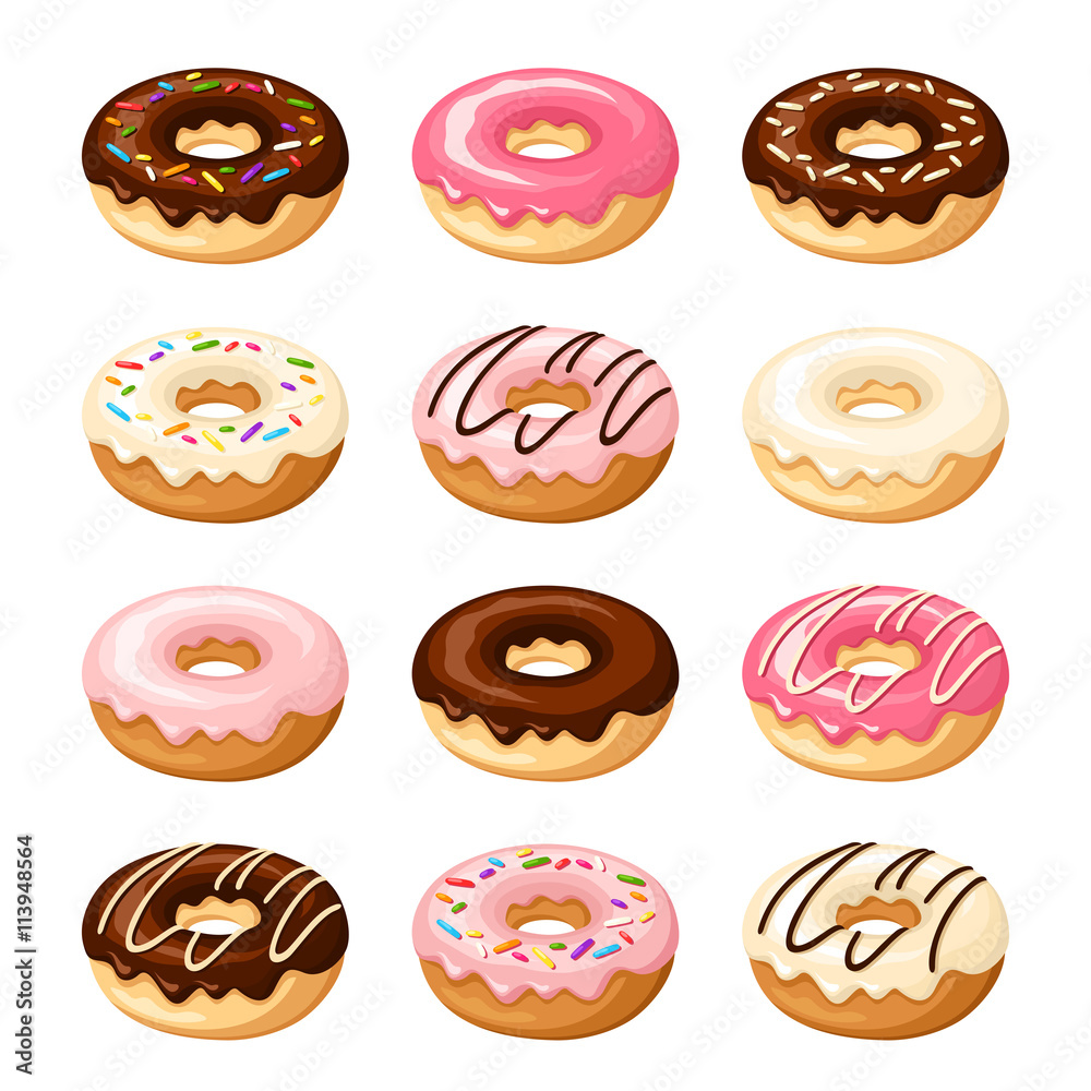 Set of twelve donuts with white, pink and chocolate glaze and sprinkles isolated on a white background. Vector illustration. Set of twelve donuts with white, pink and chocolate glaze and sprinkles isolated on a white background. Vector illustration.