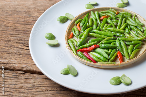 Little Thai chili spicy and Parkia speciosa sator bean on Basket