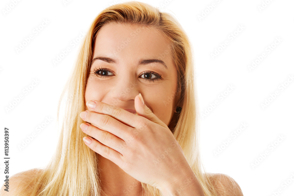 Happy surprised excited woman covering with hands her mouth. Happy surprised excited woman covering with hands her mouth.
