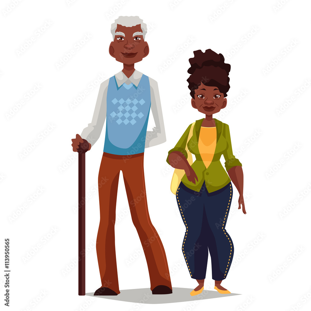 Elderly couple woman and man, vector cartoon comic illustration isolated on  white background, couple, African grandparents happy elderly couple African  American grandparents are standing to each other Stock Vector | Adobe Stock