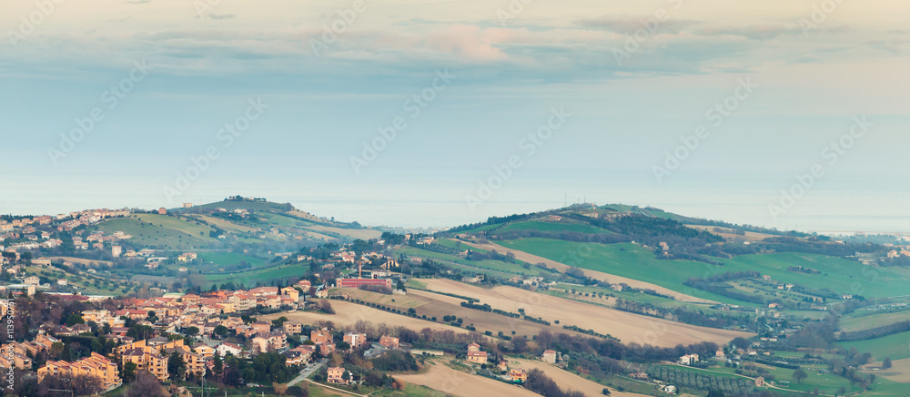Rural panorama of Italian countryside. Italy, Fermo