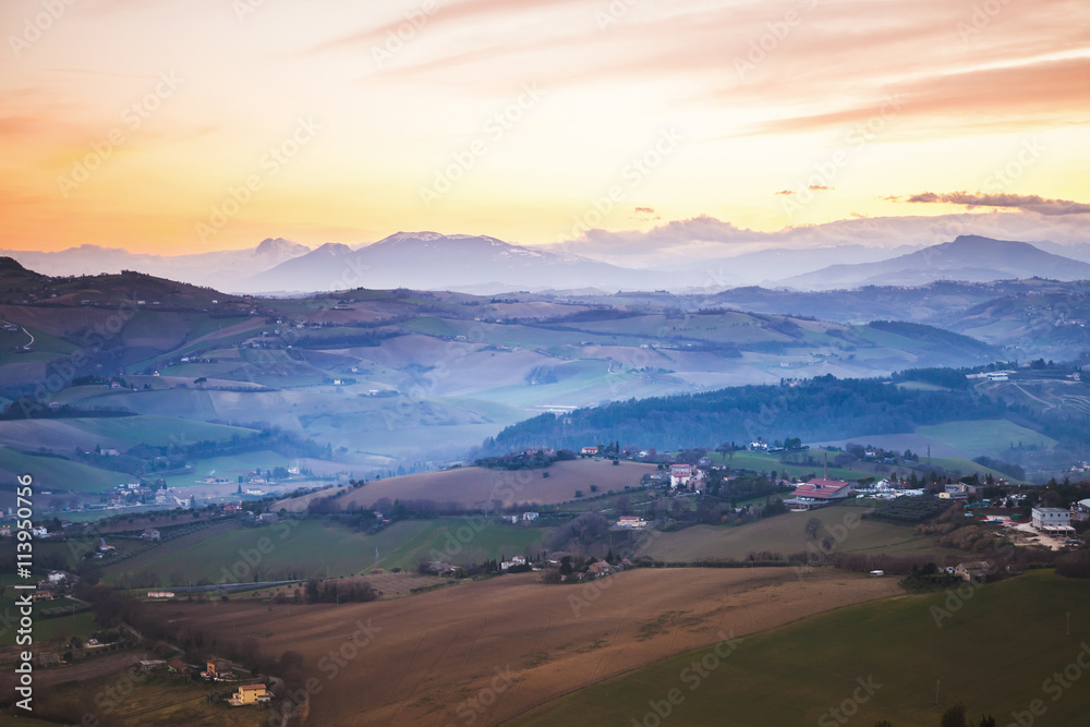 Morning panorama of Italian countryside, Fermo