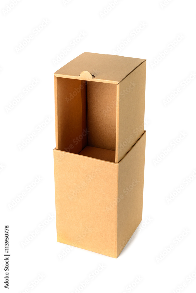 Brown cardboard box package with cover, isolated on white backgr Brown cardboard box package with cover, isolated on white backgr