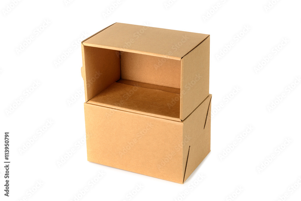 Brown cardboard box package with cover, isolated on white backgr