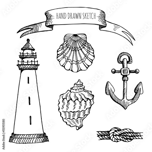Vector set: Seashell, lighthouse, anchor, knot, flag. Hand drawn sketch