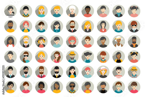 Mega set of circle persons, avatars, people heads different nationality in flat style. Vector.