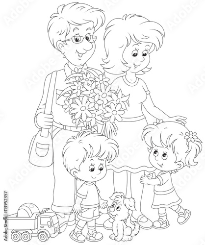 Happy family together. Black and white vector illustration of a mother, a father, their little children and a small pup.