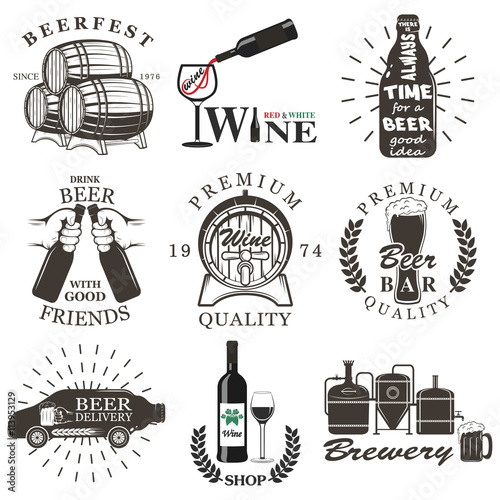 Set of wine and beer signs, badges