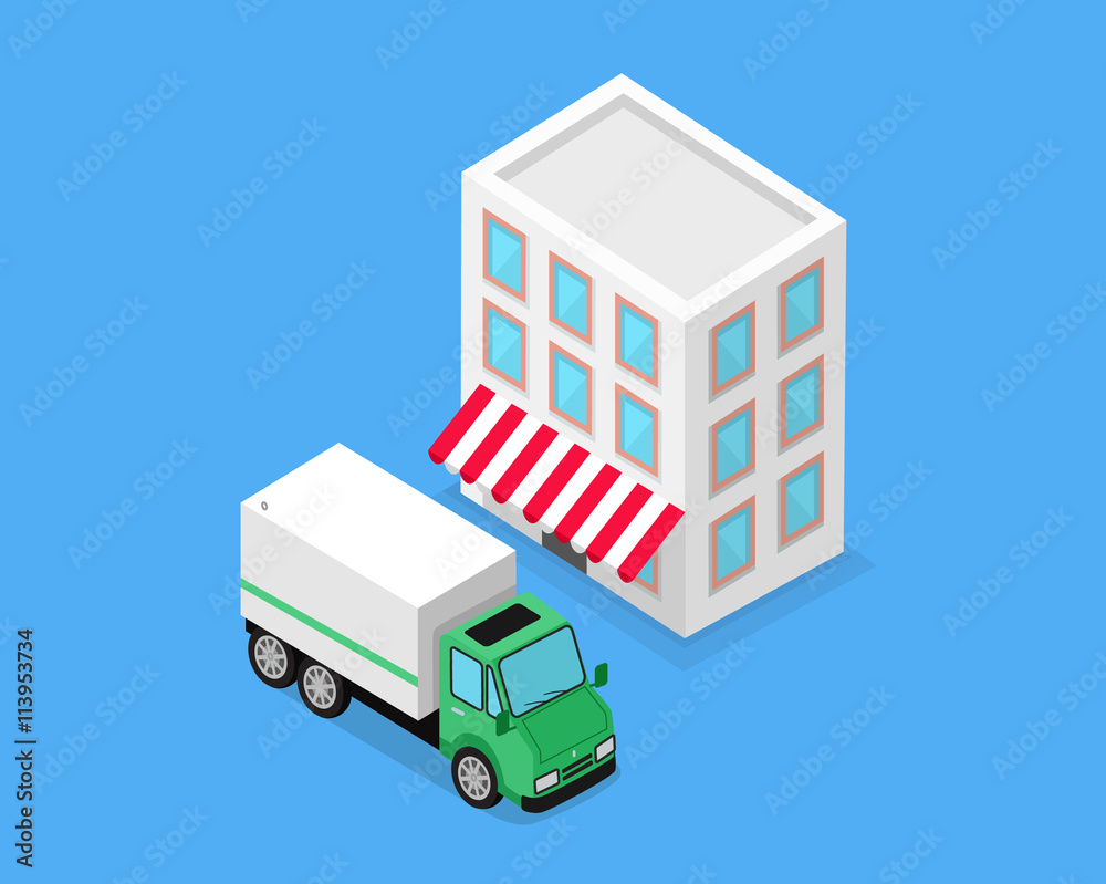 Isometric Building and Lorry Car Design Isometric Building and Lorry Car Design