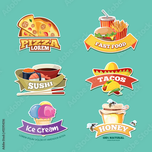 vector emblem set with food illustrations