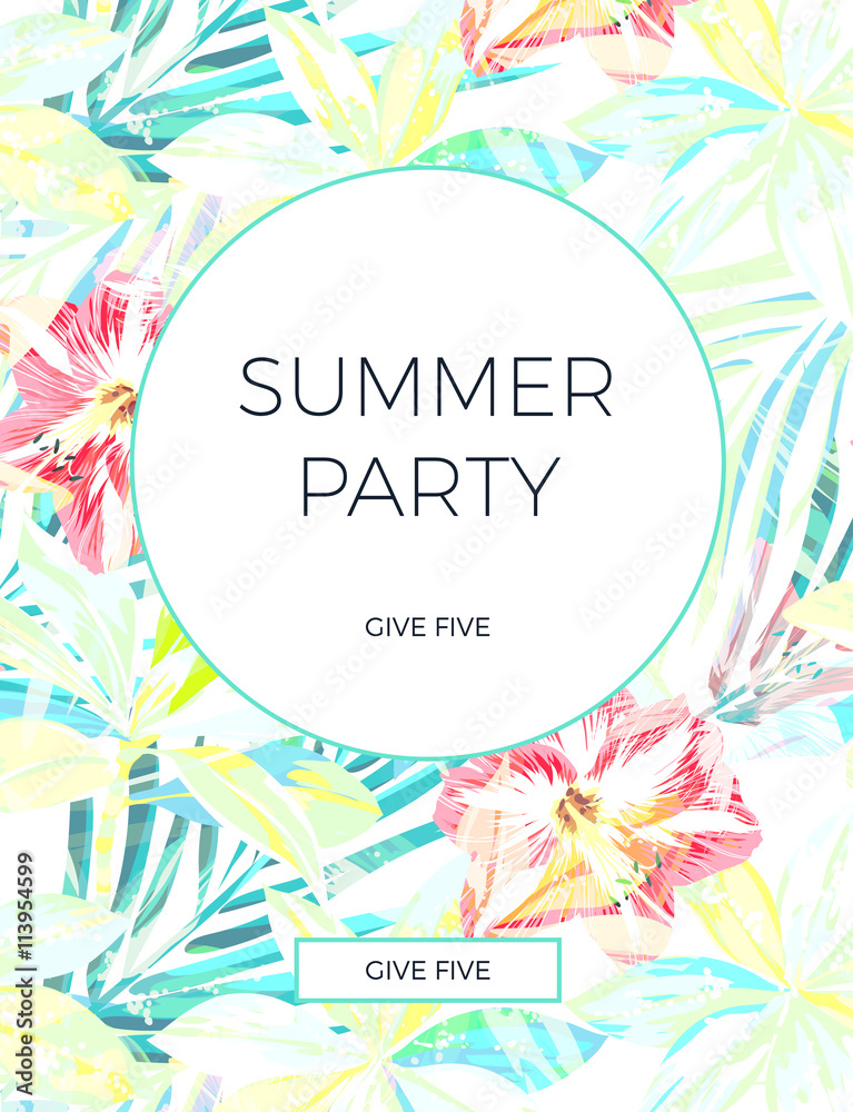 Bright hawaiian design with tropical plants and hibiscus flowers Bright hawaiian design with tropical plants and hibiscus flowers