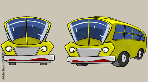 Cartoon Character Yellow Bus in different angles