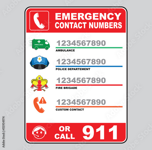 emergency call number sign (ambulance, police department, fire brigade, custom number 911) 