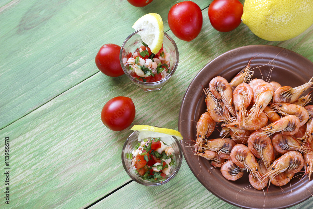 Appetizer with shrimp in small glasses Appetizer with shrimp in small glasses