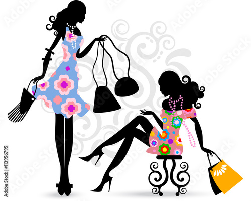Shop assistant with bags and a pretty girl with flower dres in the shopping centre