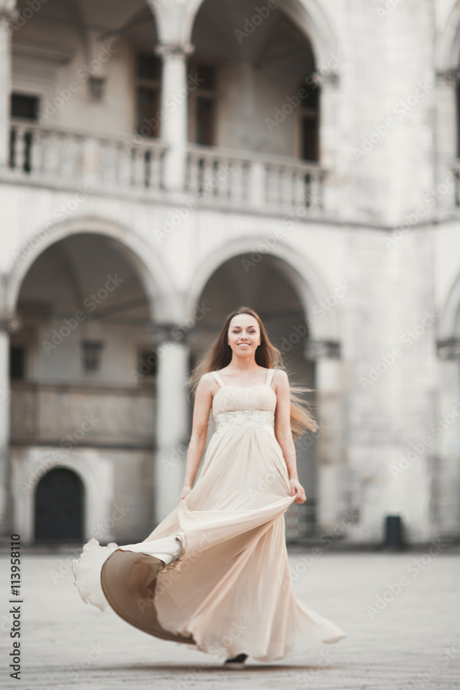Beautiful girl, model with long hair posing in old castle near columns. Krakow Vavel Beautiful girl, model with long hair posing in old castle near columns. Krakow Vavel