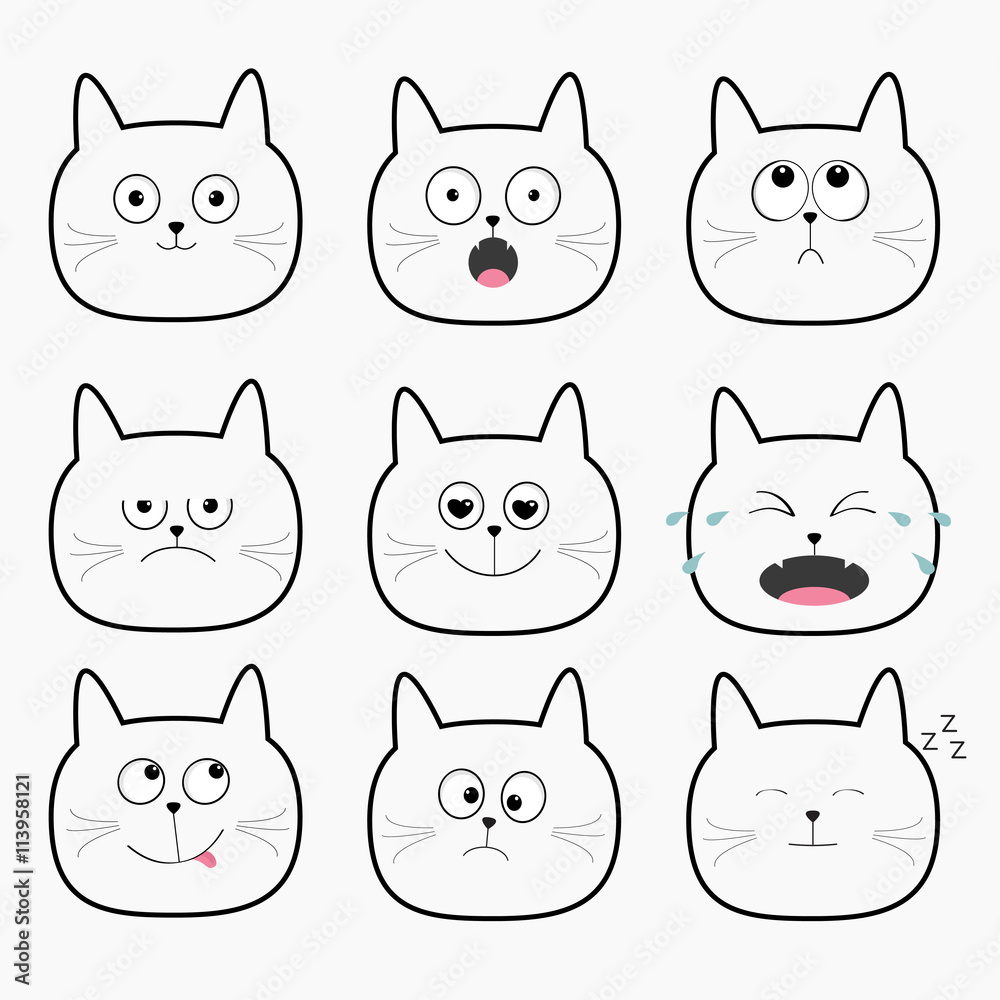 Cute black cat head set. Funny cartoon characters. Different emotions faces  collection. Expression face icons Crying, happy, smiling, snoring, sad,  angry kitten. Cat feelings White background. Flat Stock Vector | Adobe Stock