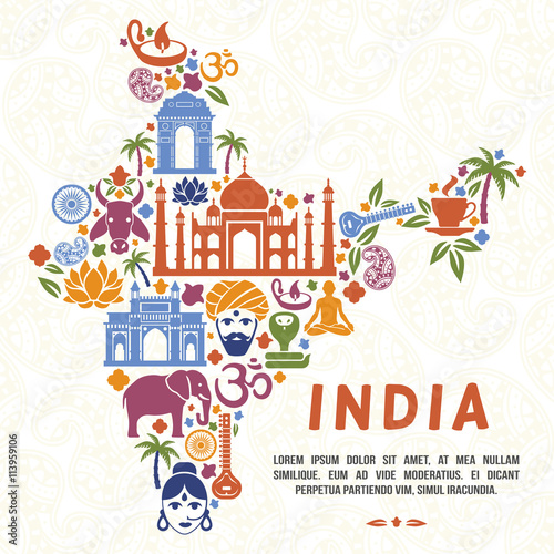 Traditional Indian symbols in the form of India map