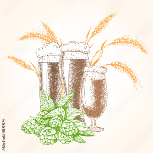 beer glasses with hops and wheat sketch clip art preview