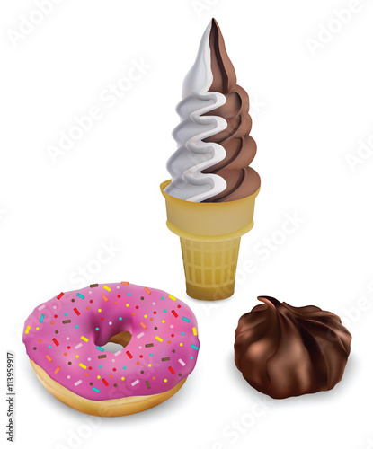 Sweets on a white background, donut, ice cream and marshmallows
