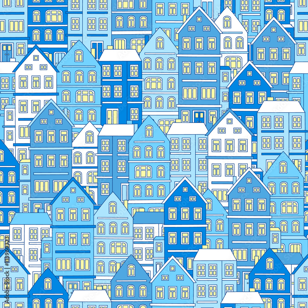 Doodle house. Vector seamless pattern with doodle houses. Cute background with many homes. Blue colors.