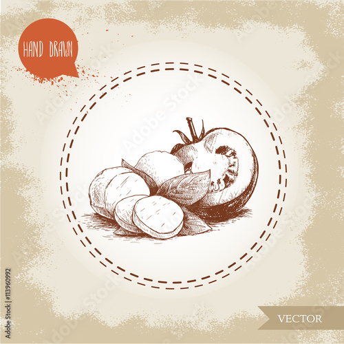 Hand drawn mozzarella cheese with basil leafs and half of tomato. Caprese salad ingredients. Vector organic food illustration. Vintage design.