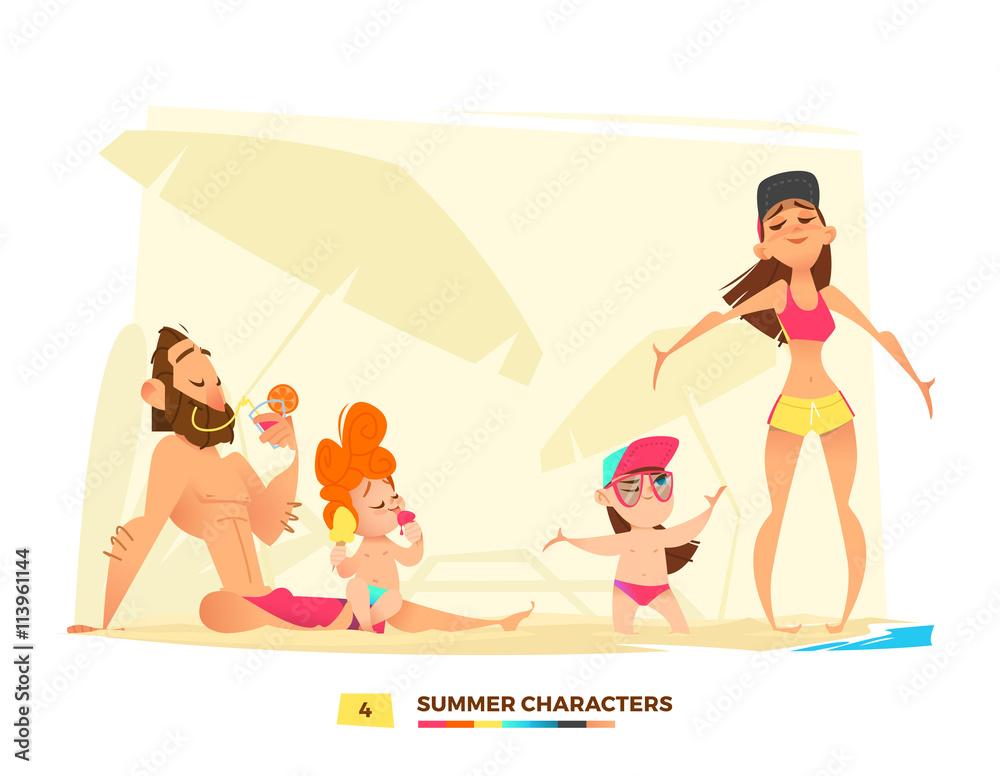 Funny summer characters in cartoon style