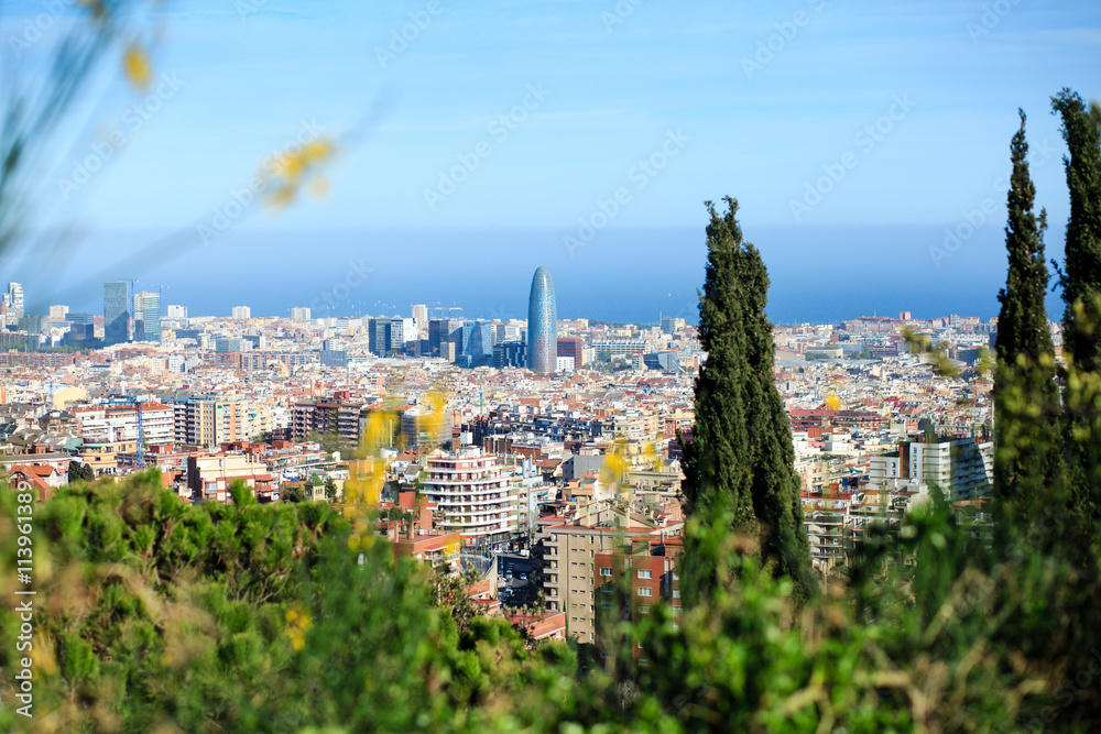 Naklejka premium Aerial view of Barcelona with some trees in foreground and shallow depth of field.