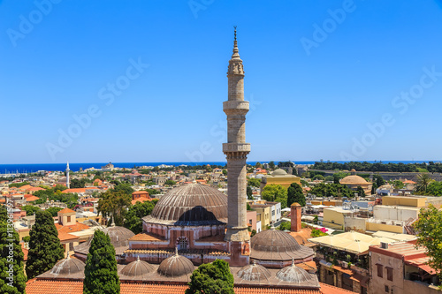 General view of Rhodes with roofs, minaret and mosque