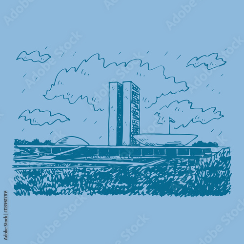 National Congress Palace in Brasi­lia, Federal District, Brazil. Freehand drawn sketch. Vector illustration
