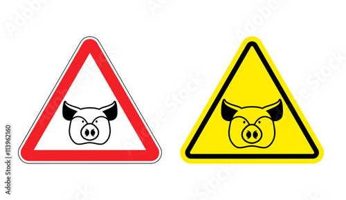 Warning sign pork attention. Dangers yellow sign pig. Farm anima