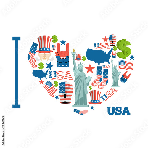 I love America. Sign heart of USA traditional folk characters. M