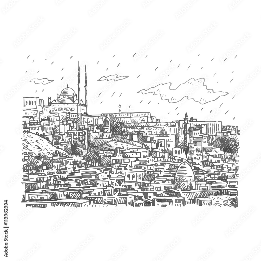 View of Cairo, Egypt. Hand drawn sketch. Vector illustration