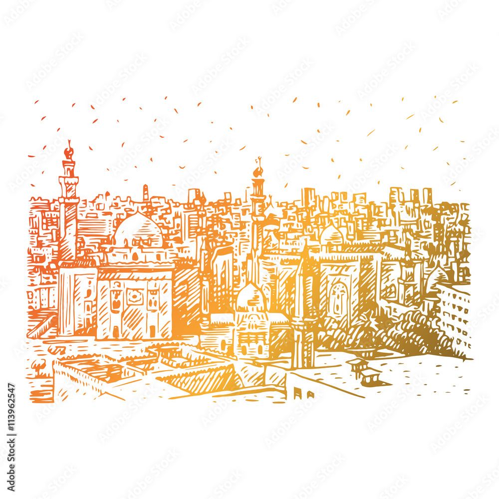 View of the Mosques of Sultan Hassan and Al-Rifai in Cairo, Egypt. Hand drawn sketch. Vector illustration