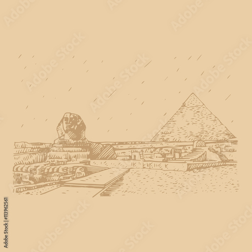 The Great Sphinx and pyramid in Giza, Cairo, Egypt. Hand drawn sketch. Vector illustration