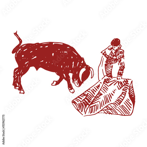 Corrida, bullfighting in Spain. A bullfighter awaiting for the bull. Hand drawn pencil sketch. Vector illustration