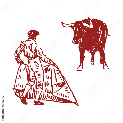 Corrida, bullfighting in Spain. A bullfighter awaiting for the bull. Hand drawn pencil sketch. Vector illustration