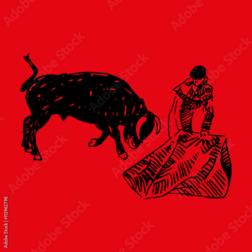 Corrida, bullfighting in Spain. A bullfighter awaiting for the bull. Hand drawn pencil sketch. Vector illustration