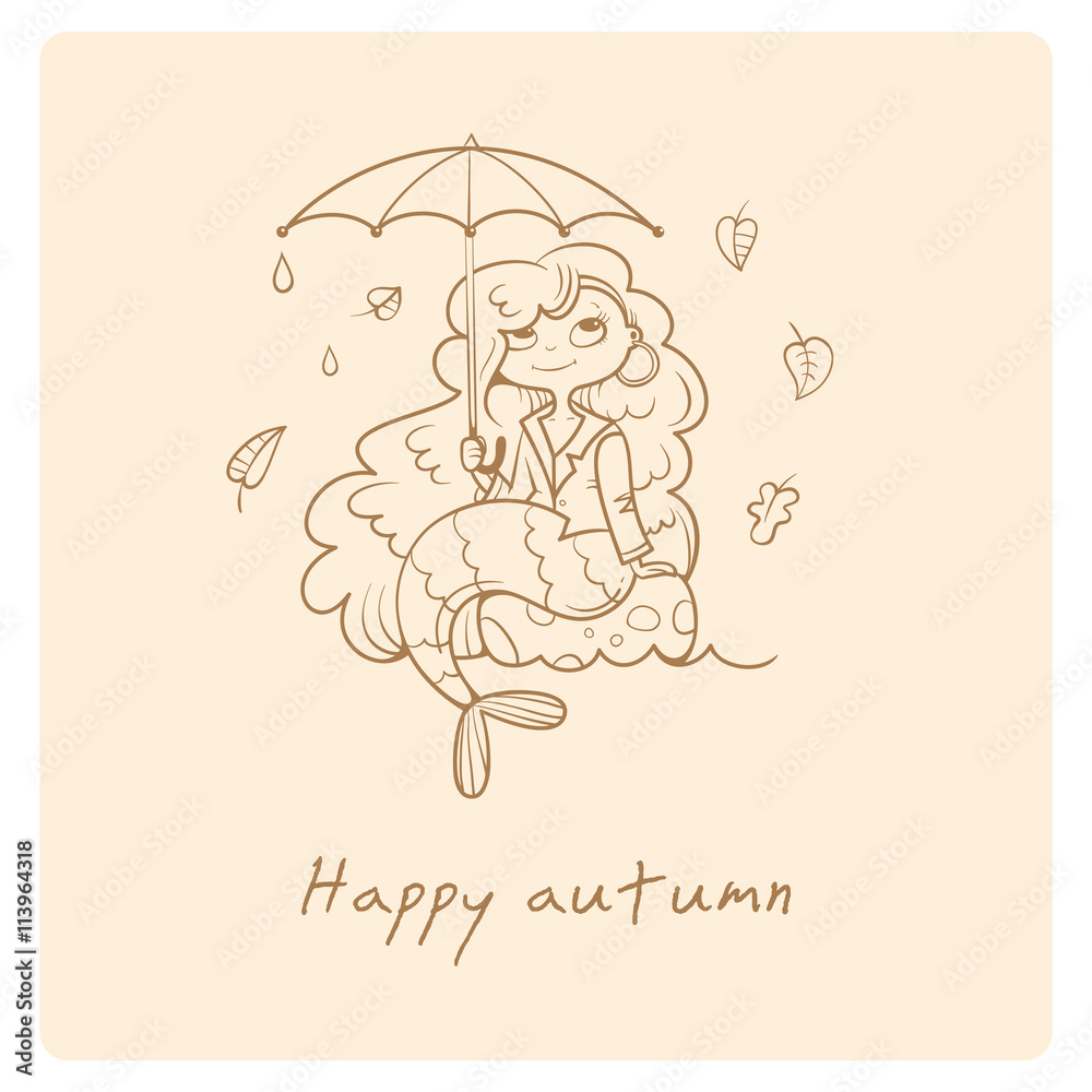 Greeting card with little cutr cartoon mermaid under umbrella. Autumn season. Rainy weather. Leaf fall. Children's illustration. Vector contour image. Beautiful fairy girl. Greeting card with little cutr cartoon mermaid under umbrella. Autumn season. Rainy weather. Leaf fall. Children's illustration. Vector contour image. Beautiful fairy girl.