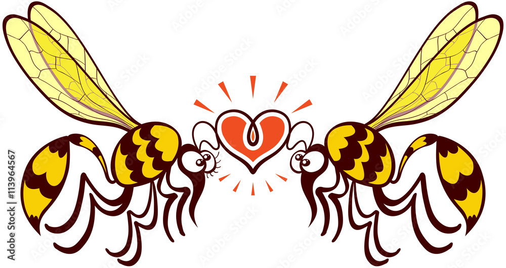 Impressive couple of wasps flying, staring at each other and forming a shiny heart with their antennae Impressive couple of wasps flying, staring at each other and forming a shiny heart with their antennae