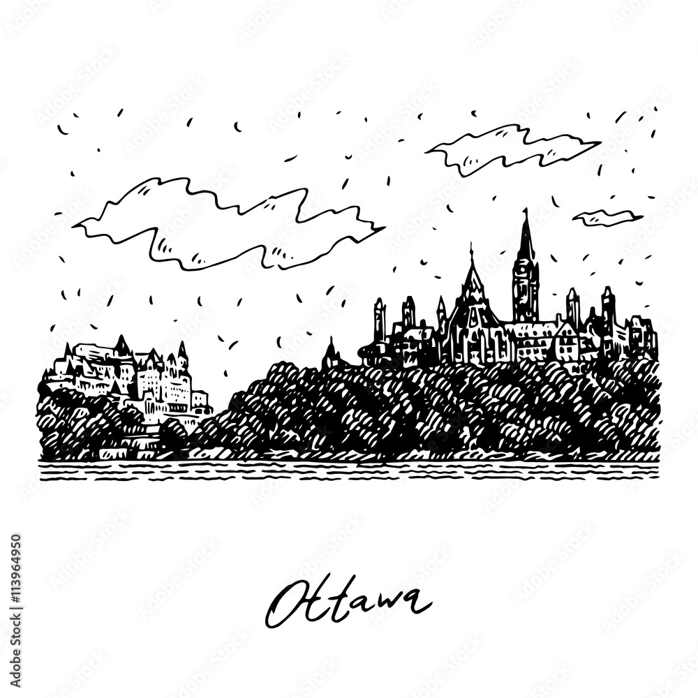 View of Parliament Hill and the Fairmount Chateau in Ottawa, Canada. Hand drawn sketch. Vector illustration
