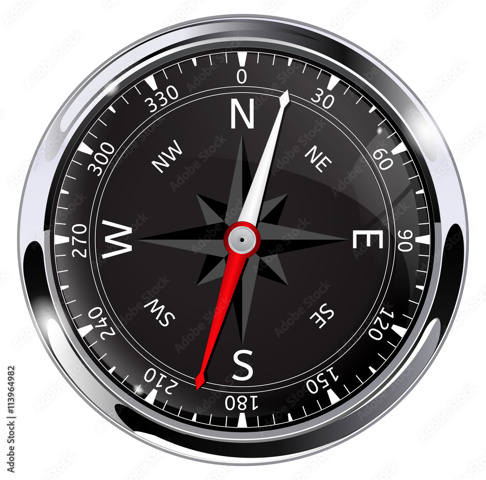 Compass. Round modern navigation device in chrome frame