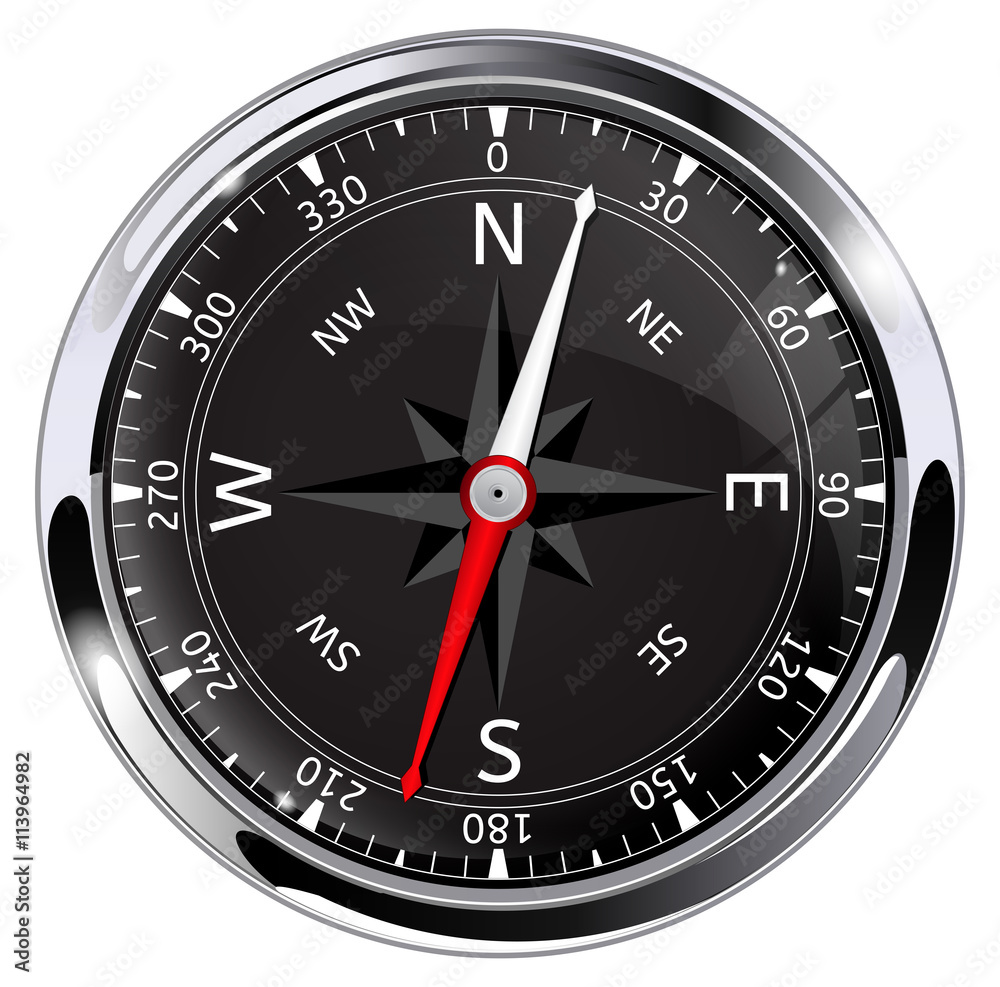 Compass. Round modern navigation device in chrome frame Stock Vector