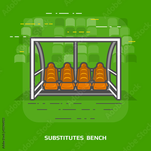 Flat illustration of soccer substitutes bench against green. Flat design of association football team shelter, front view. Vector image about soccer, sport game, football, championship, gameplay, etc